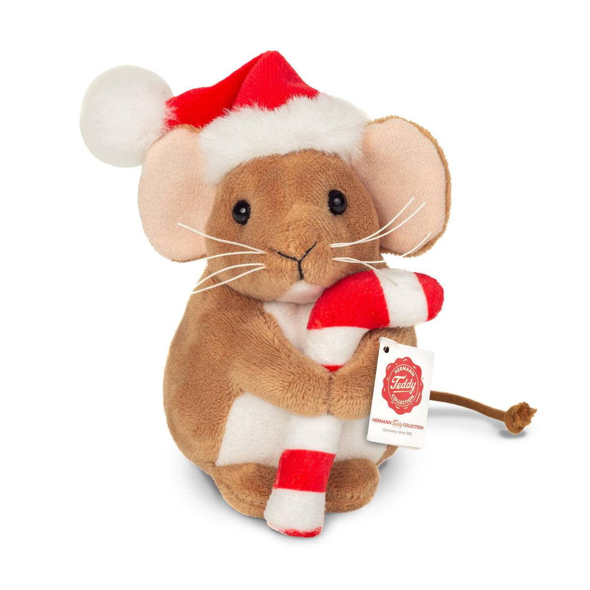 Teddy Hermann Weihnachtsmaus mit Zuckerstange 11 cm-Plüschtier-Stofftier