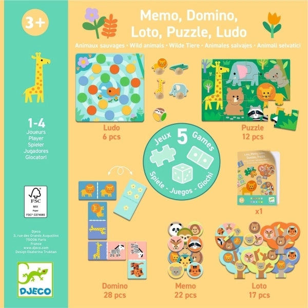 Djeco Memo Domino Loto Puzzle Ludo - Wilde Tiere