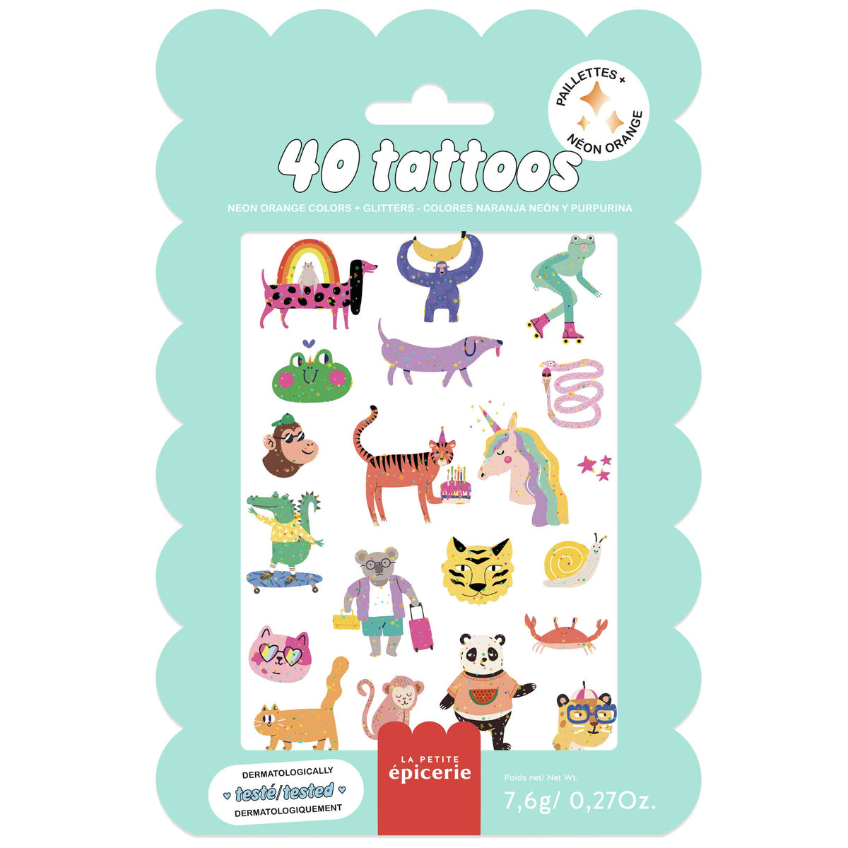 La petite épicerie Tattoo-Set – Süße Tiere mit orangefarbenem Glitzereffekt